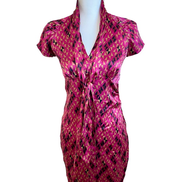 Diane von Furstenberg Pink Laurie Geometric Silk Neck Bow Tie Sheath Dress Sz 2 - Picture 8 of 13